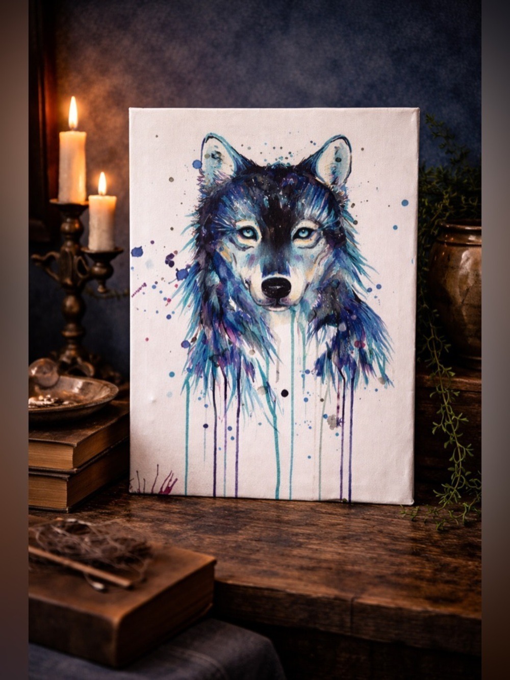 Celestial Wolf Guardian Ethereal Dripping Watercolor Print on Canvas 11.5x8.5 🐺